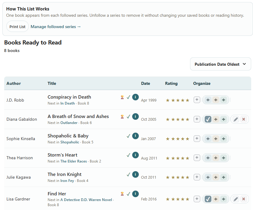 FictionDB series tracker showing the next unread book in followed series
